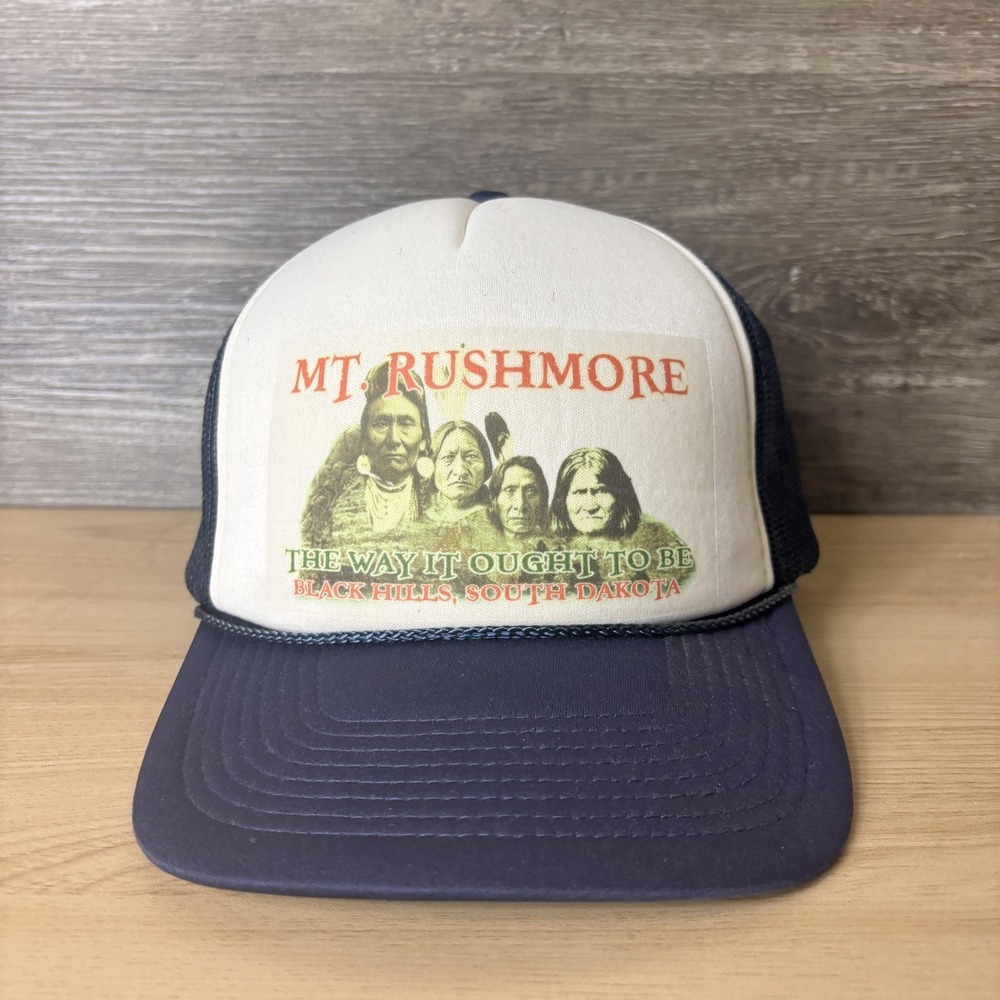 VINTAGE Mt. Rushmore Hat Cap Snap Back Navy Trucker Foam South Dakota Mens 90s